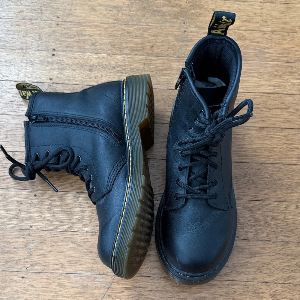 Dr. Martens Black Leather Lace-Up Ankle Boots with Yellow Stitching - Picture 1 of 10